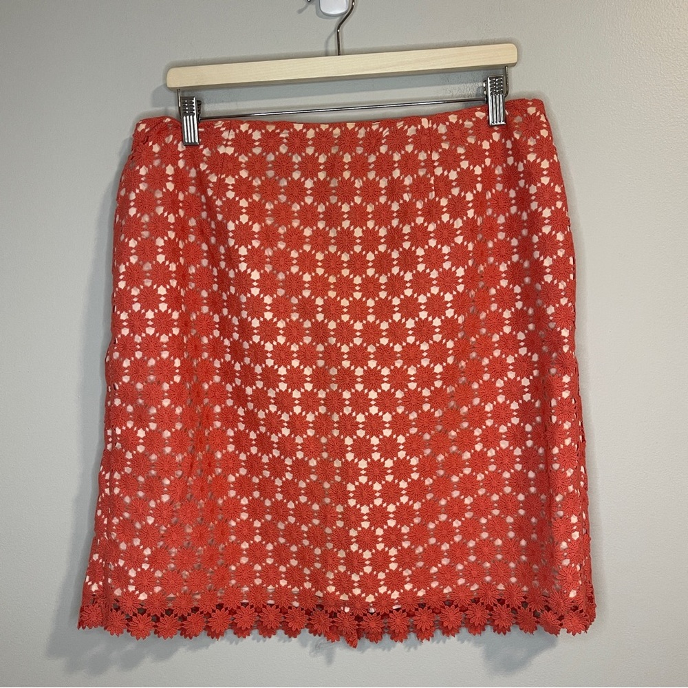 TALBOTS Crochet Lace Skirt Sz 14WP Salmon Coral Floral Lined Zip Cotton $129